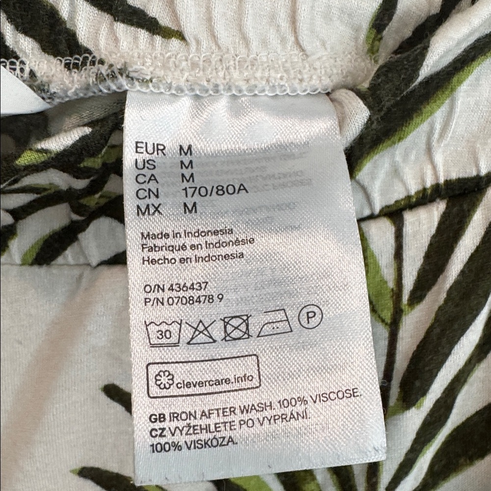 🟠 H&M Off White & Green Palm Print Wide Leg Jersey Trousers Size Medium - Picture 5 of 11